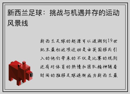 新西兰足球：挑战与机遇并存的运动风景线