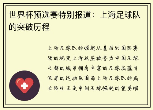 世界杯预选赛特别报道：上海足球队的突破历程