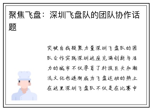 聚焦飞盘：深圳飞盘队的团队协作话题