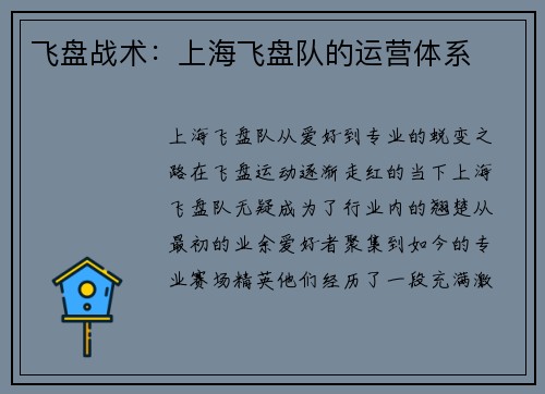 飞盘战术：上海飞盘队的运营体系