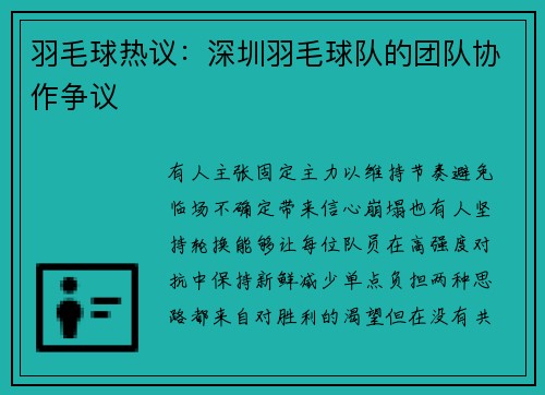 羽毛球热议：深圳羽毛球队的团队协作争议