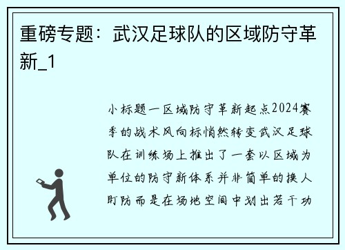 重磅专题：武汉足球队的区域防守革新_1