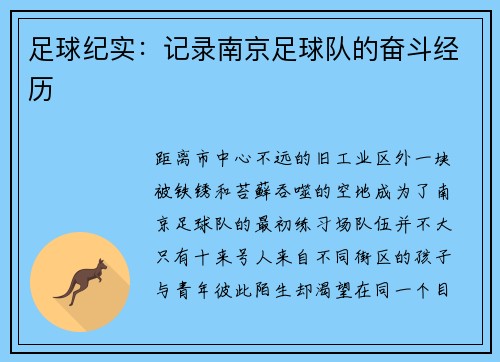 足球纪实：记录南京足球队的奋斗经历
