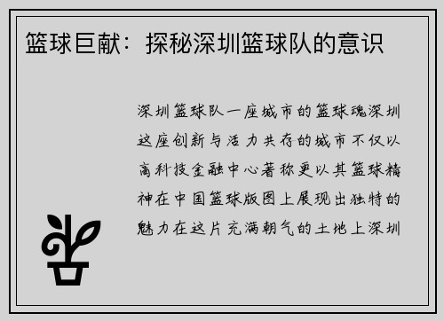 篮球巨献：探秘深圳篮球队的意识